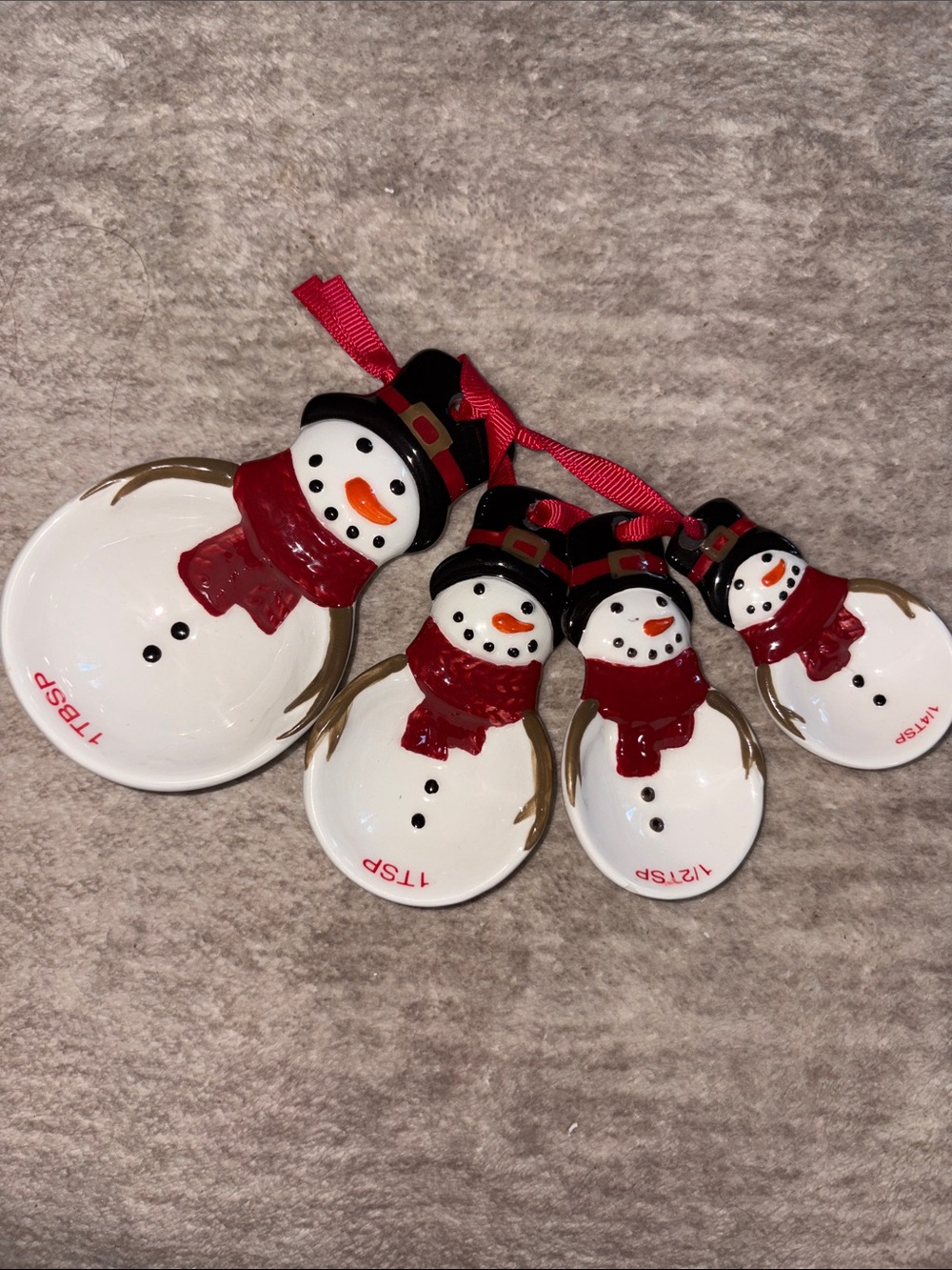 Ceramic Snowman Measuring Spoon Set - Red Scarf Christmas decor or a gift.